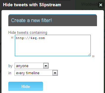 Slipstream blocks foursquare tweets