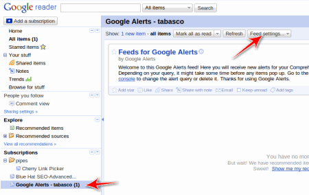 Google reader alerts