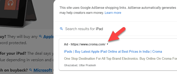 adsense shopping links text