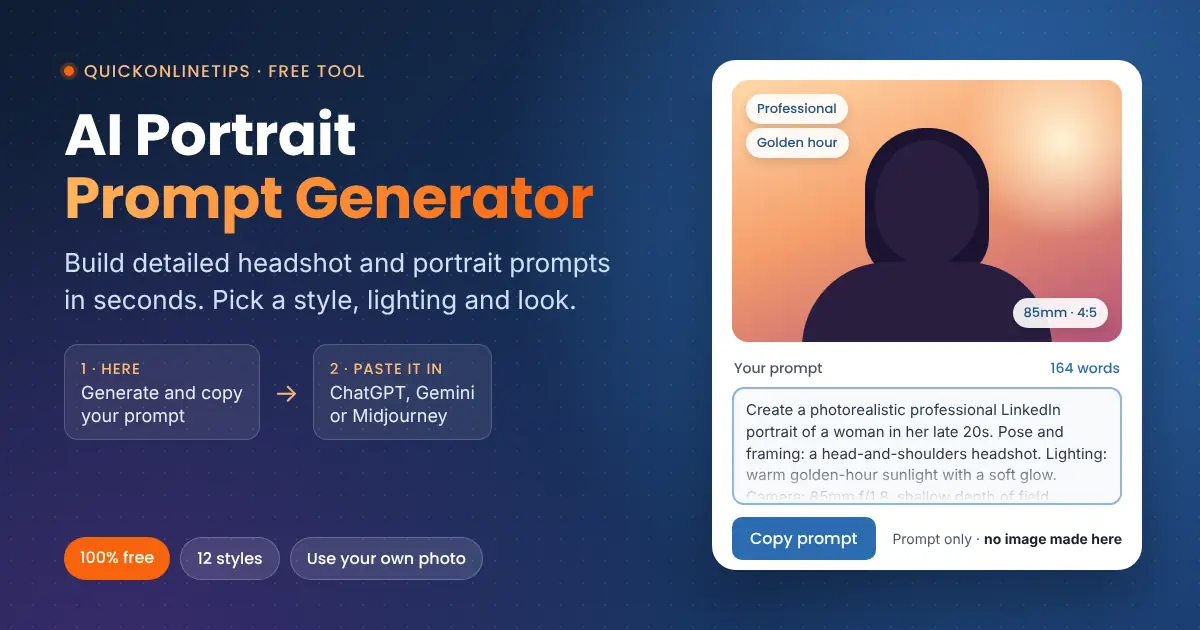 AI Portrait Prompt Generator: generate and copy a prompt here, then paste it into ChatGPT, Gemini or Midjourney