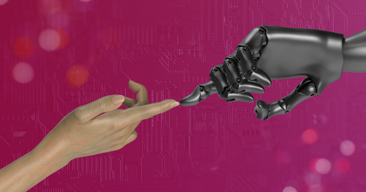 Robot hand and human hand reaching toward each other on a pink background, a symbol of working with ChatGPT prompts