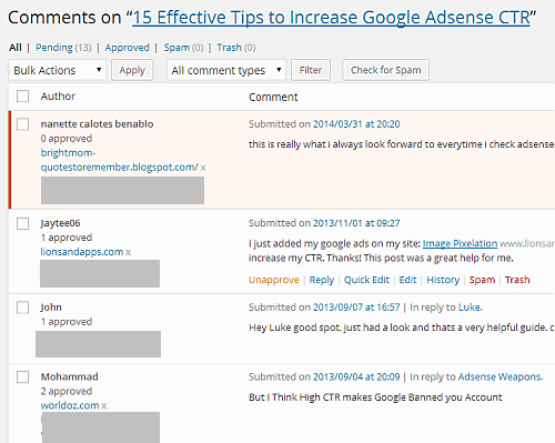 comments edit screen