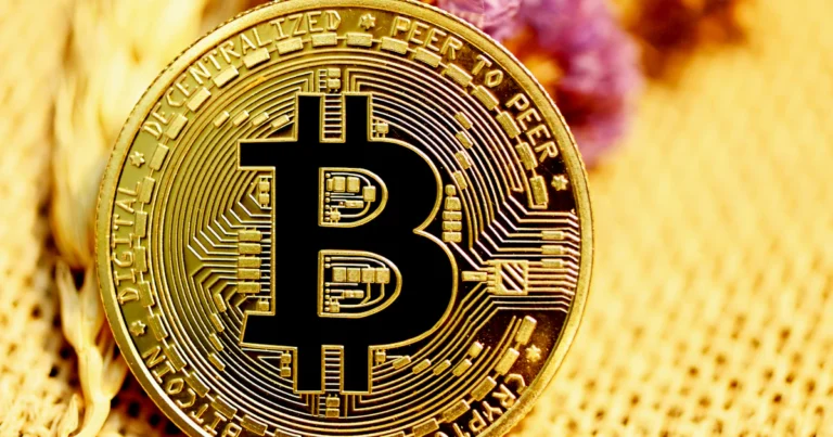 Gold Bitcoin coin with a purple flower on a light woven surface, for a guide to crypto wallet security