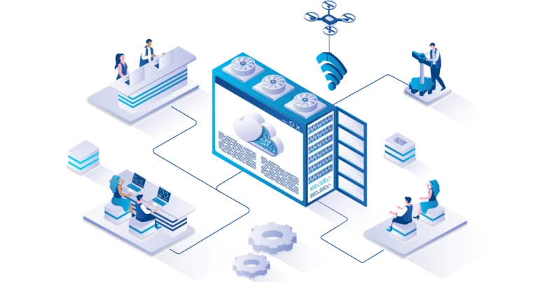 Domain lock: isometric illustration of servers and internet infrastructure