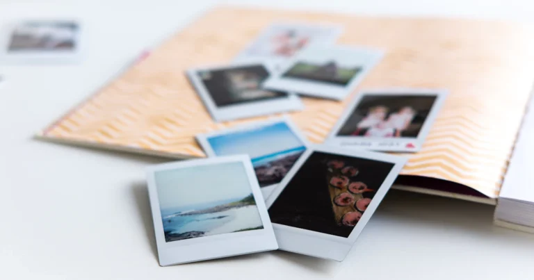 Polaroid photos and pastel notes arranged like a timeline of memories