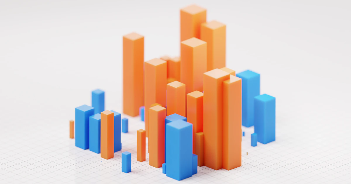 Orange and blue 3D bar chart representing Google Analytics 4 website traffic reports
