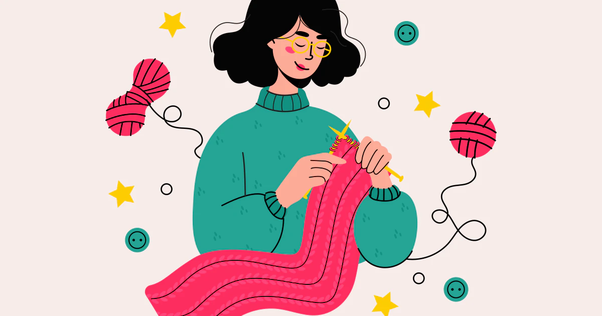 Make money from a hobby blog: woman knitting a pink scarf with yarn balls