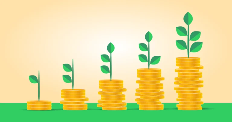 Principles to make money online: stacks of coins with growing plants