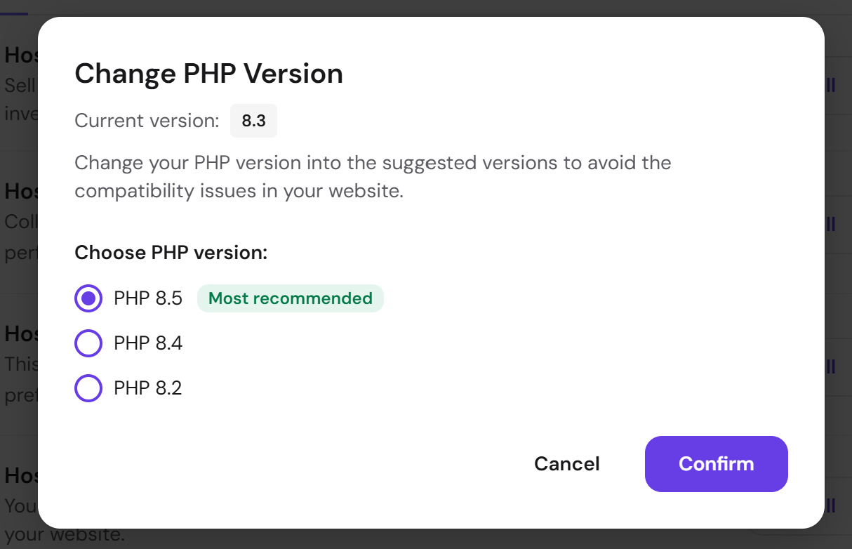 upgrade to PHP 8.5 in Hostinger