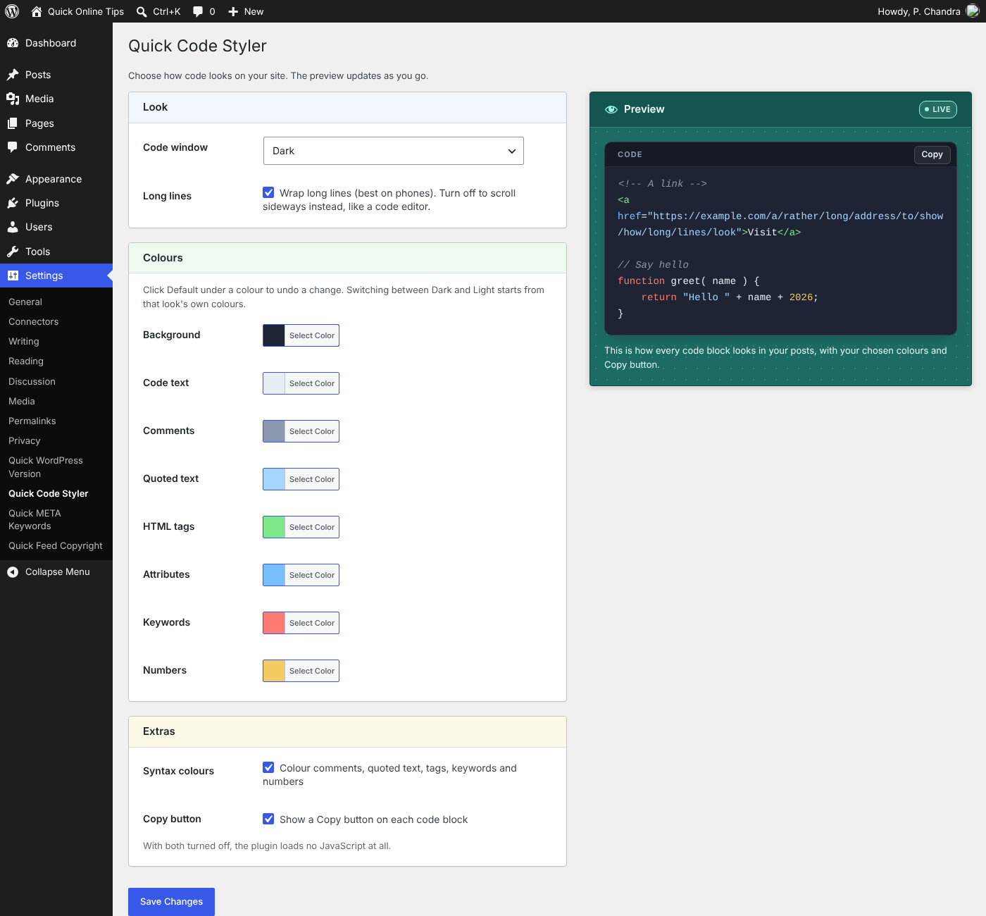 Quick Code Styler settings page with a live preview