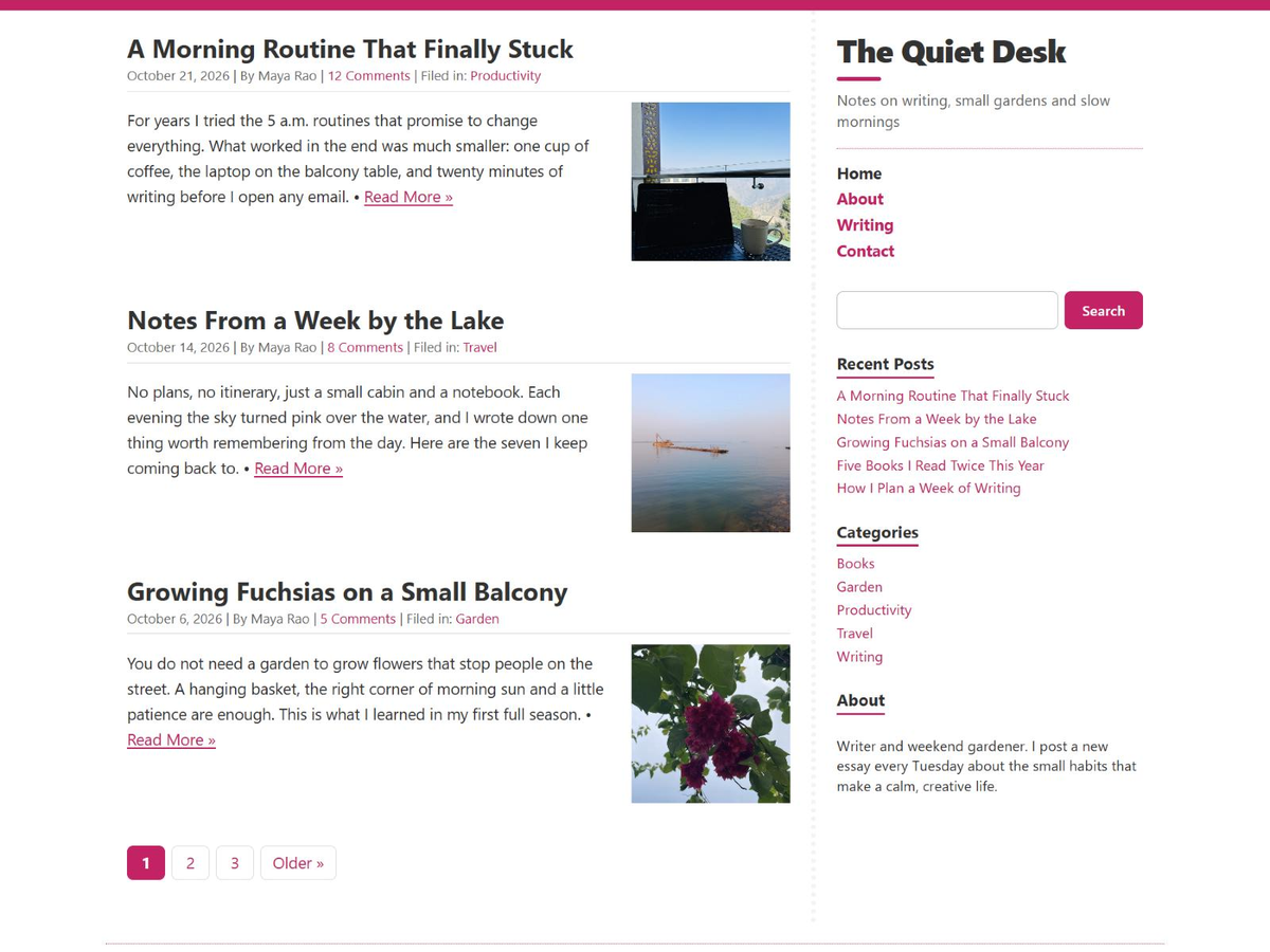 QuickChic WordPress theme: a clean two-column blog with posts on the left and the site title, menu and widgets on the right