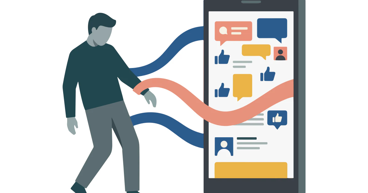 What is Web 2.0: person connected by colorful ribbons to a social media smartphone