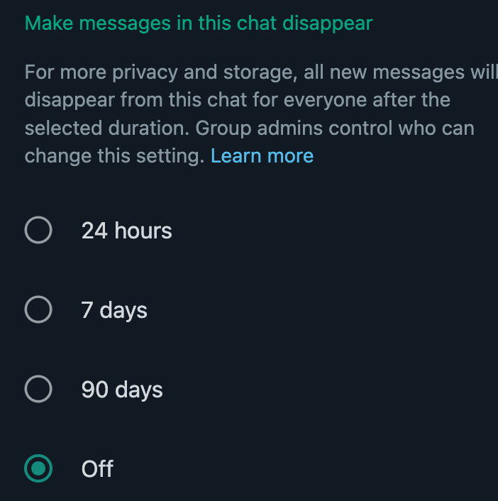 whatsapp disappearing messages off